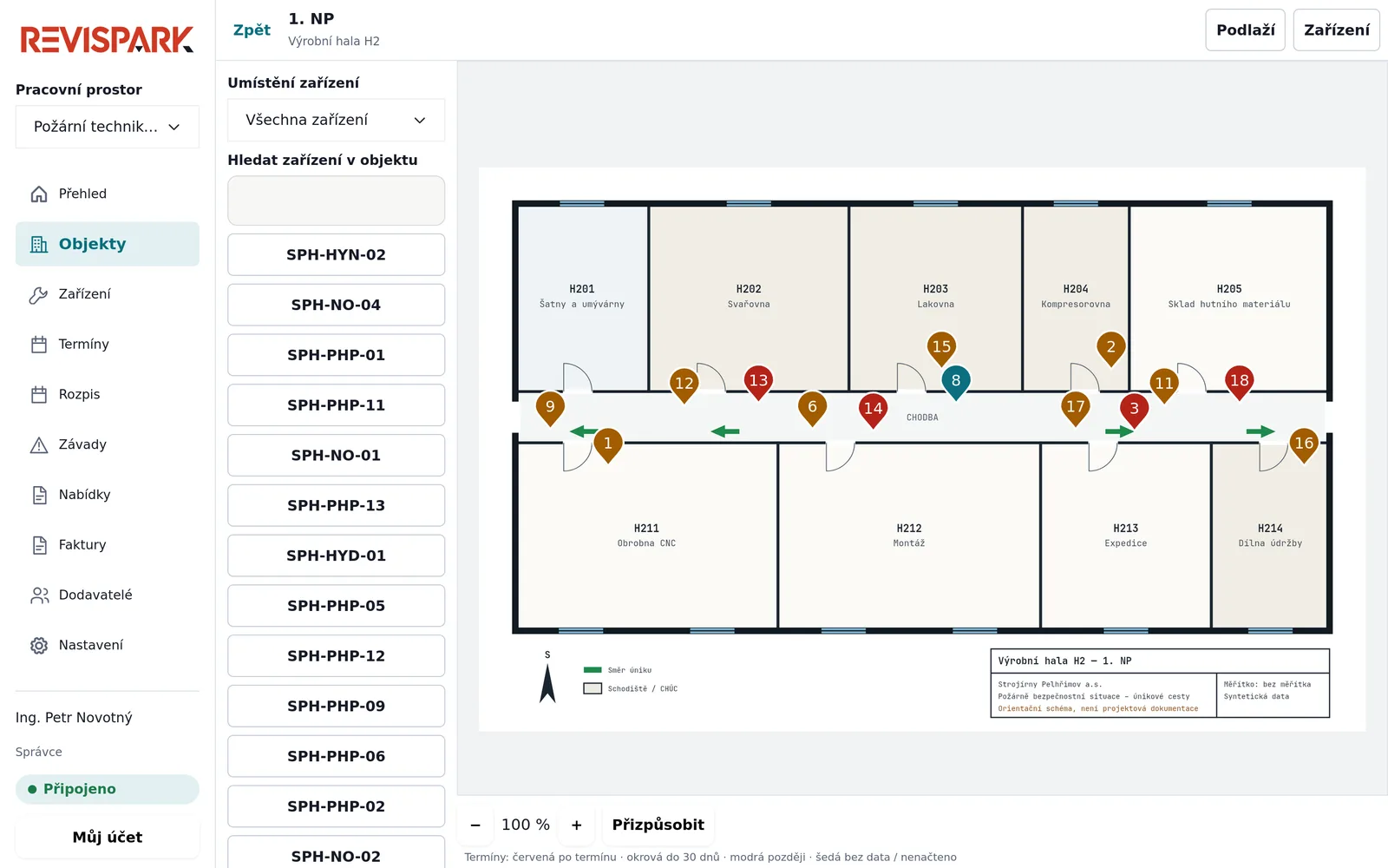 Floor plan with equipment coloured by inspection due date